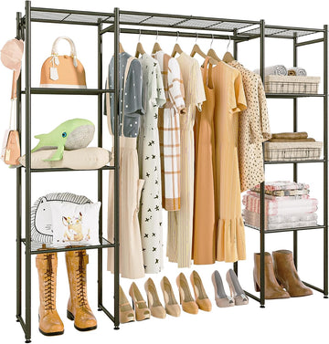 Portable Closet Wardrobe, Metal Clothing Rack with 8 Shelves & 1 Hang Rod, Free Standing Closet Rack for Hanging