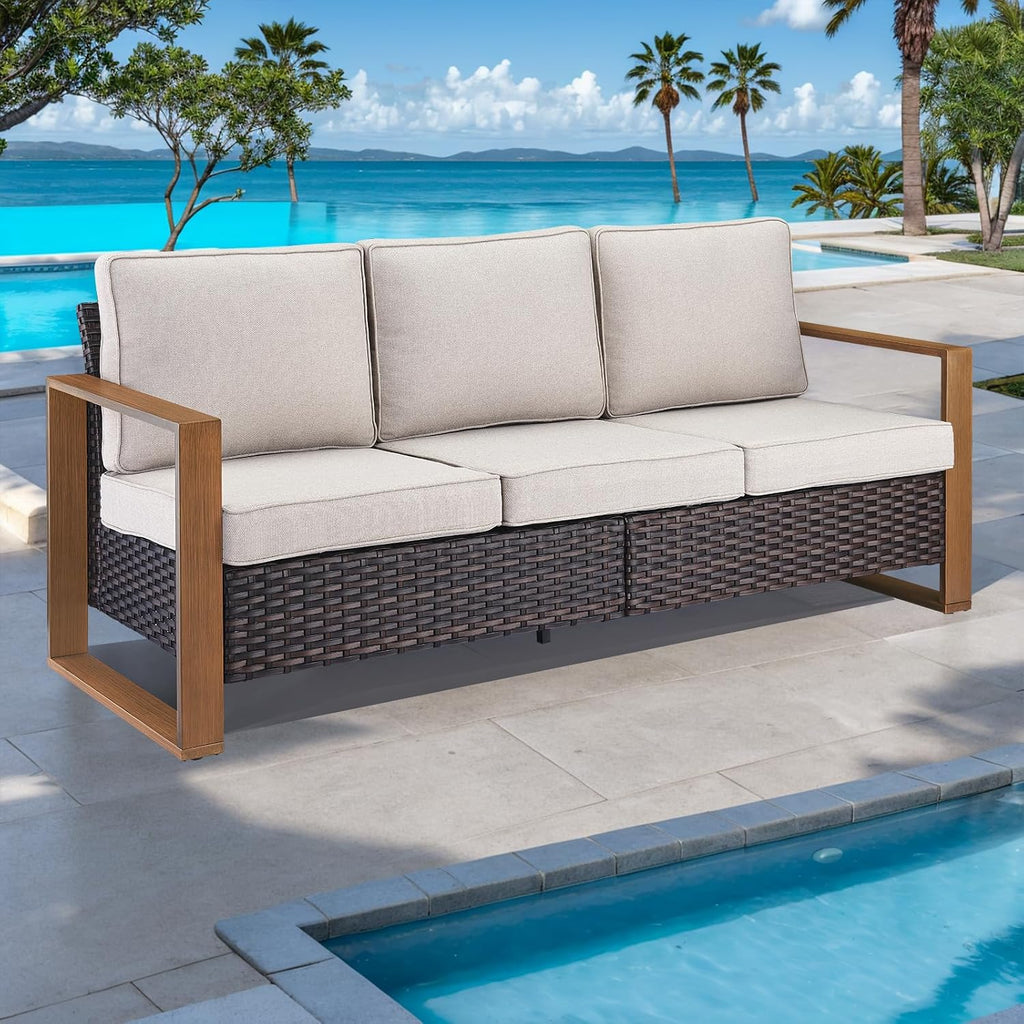Outdoor Couch Wicker Patio Sofa, Rattan Patio Furniture Sofa with Sturdy Frame,All-Weather PE Wicker,Wide