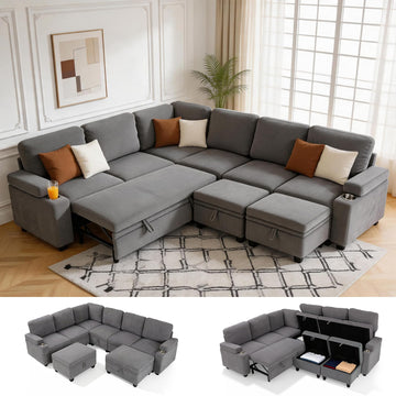 108" Modular Sectional Sofa Bed with Cup Holders, L-Shaped Pull Out Couch