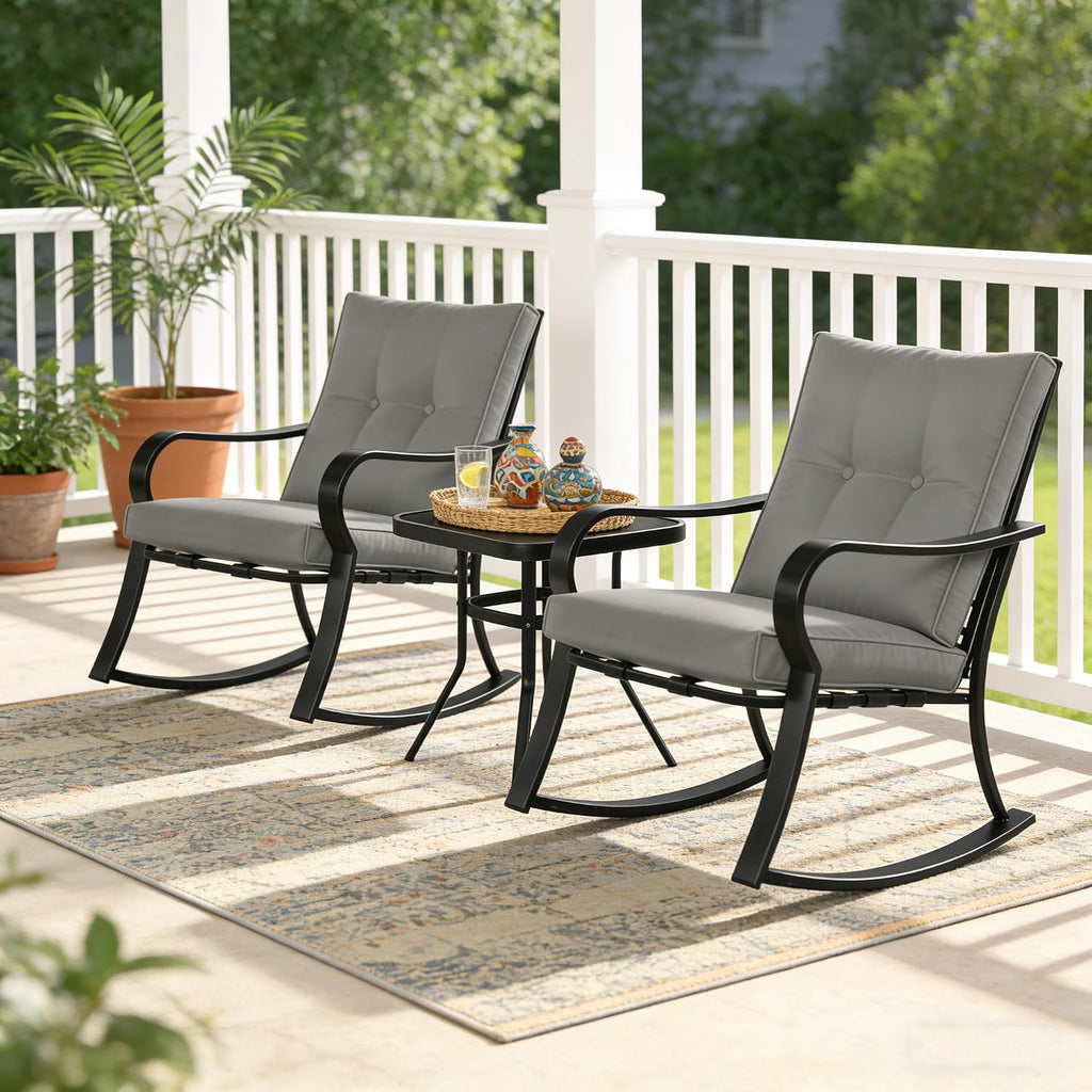 Outdoor 3-Piece Rocking Chairs Patio Bistro Set Black Steel Furniture with Thickened Cushion and Glass-Top Coffee