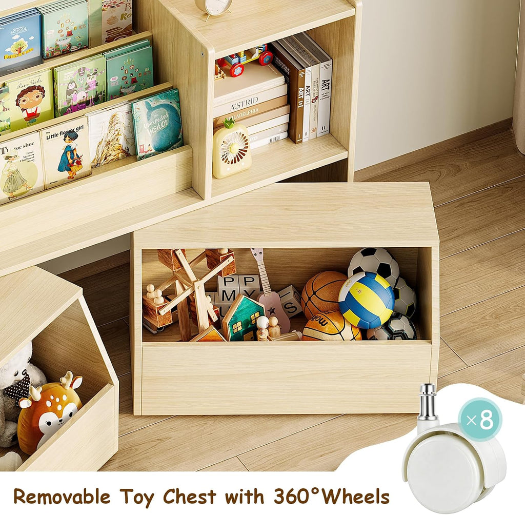 Solid Wood Kids Bookshelf and Toy Storage Organizer, 3-in-1 Montessori Bookcase with Storage Cubbies and 2 Rolling