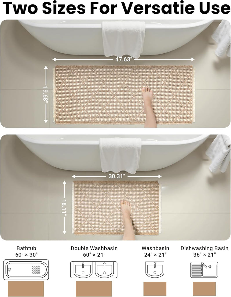 Waffle Bath Mat Set, Non Slip Bathroom Rugs 2 Piece, Brown & White | Ultra Absorbent Long Bath Rug Runner Boho Chic