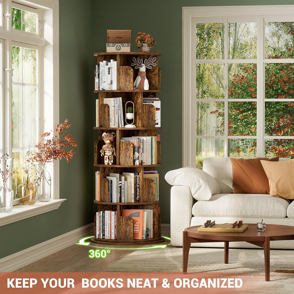 Rotating Bookshelf Tower, 5 Tier Spinning Bookcase, Revolving 360 Book Shelf Narrow Tall Bookcase