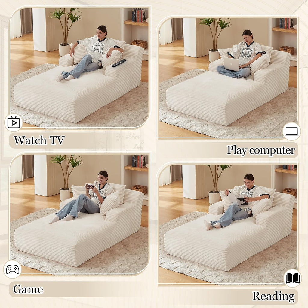 80 Inch Chaise Lounge Chair Indoor, Oversized Corduroy Upholstered Boneless Sofa Bed, Deep Seat Sleeper Couch Reading