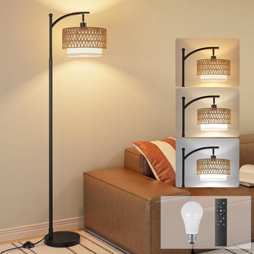 Arc Floor Lamp with Remote, Boho Standing Lamp with Rattan & Linen Shades, Color Temperature & Dimma