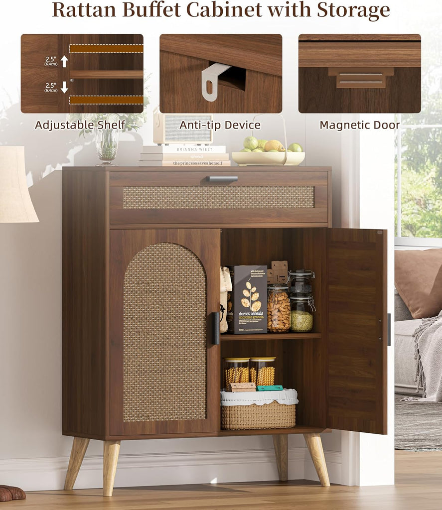 Rattan Storage Cabinet with Drawer and 2 Doors, Walnut | Accent Sideboard Buffet Cabinet with Adjustable Shelf &