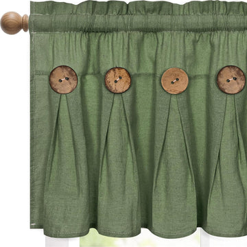 Farmhouse Valance Curtains, Boho Cotton Linen Kitchen Valance, Olive Green Rustic Button Window Valances for Kitchen