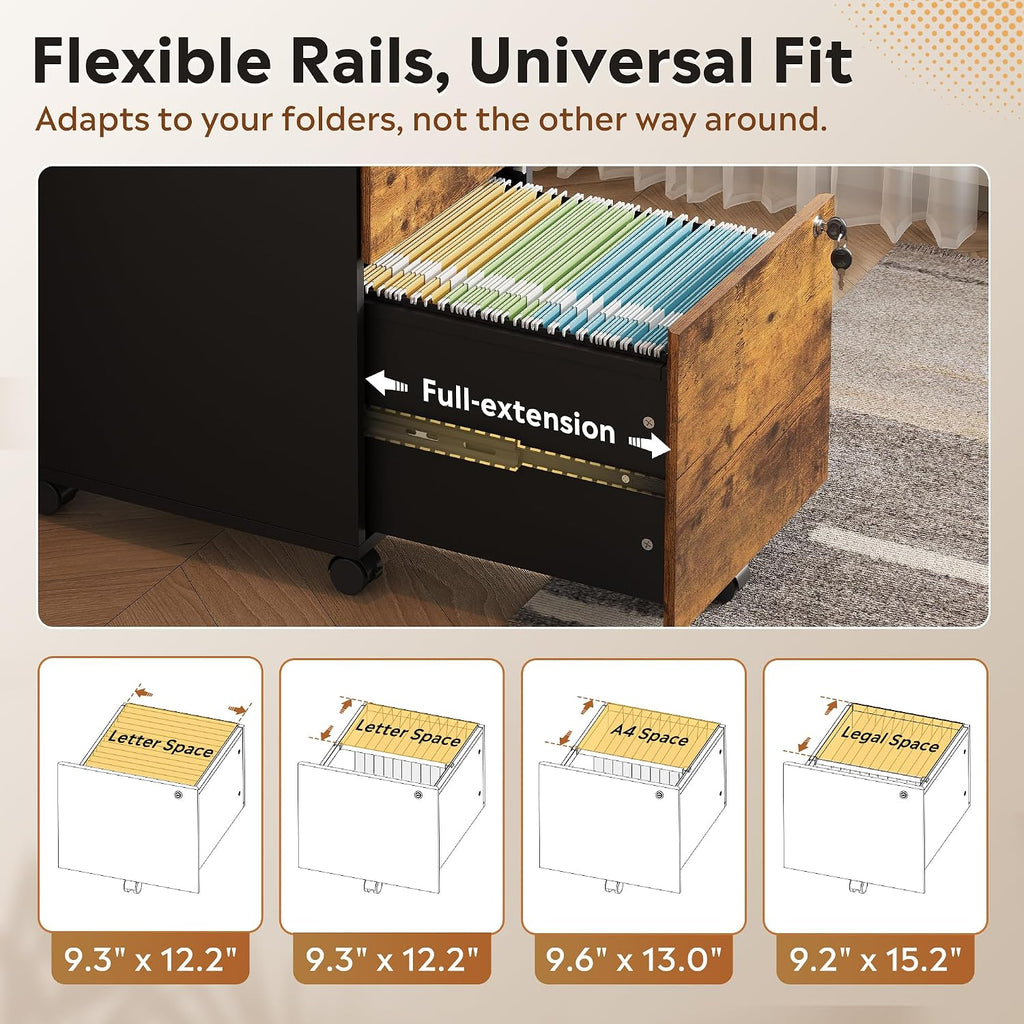 3 Drawer Wood File Cabinet with Individual Locks, Rustic Brown | Mobile Printer Stand with Wheels, Wood Filing