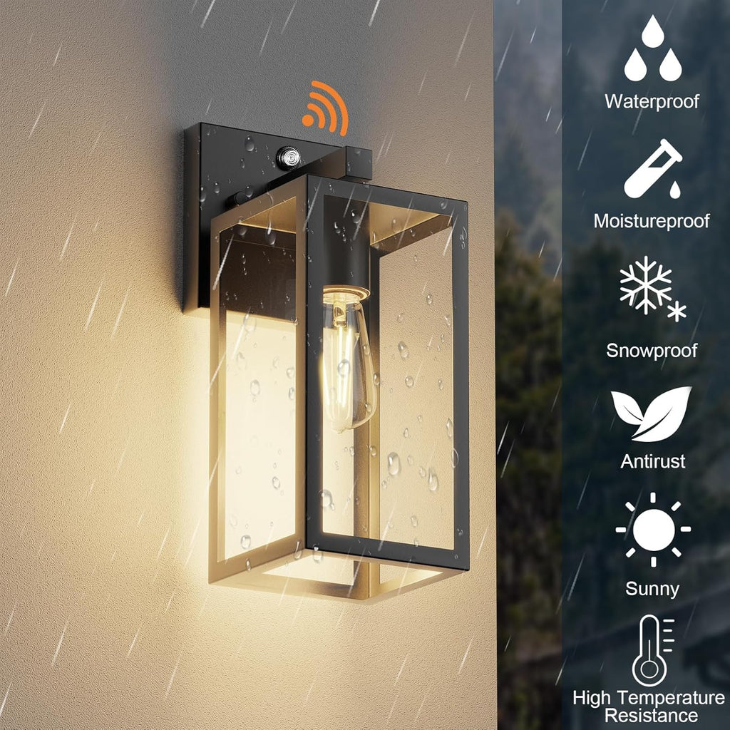 Dusk to Dawn Outdoor Wall Sconce, Black Waterproof Porch Light Fixture with E26 Socket & Glass Shade, Modern Exterior Lantern for Patio Entryway (2 Pack)