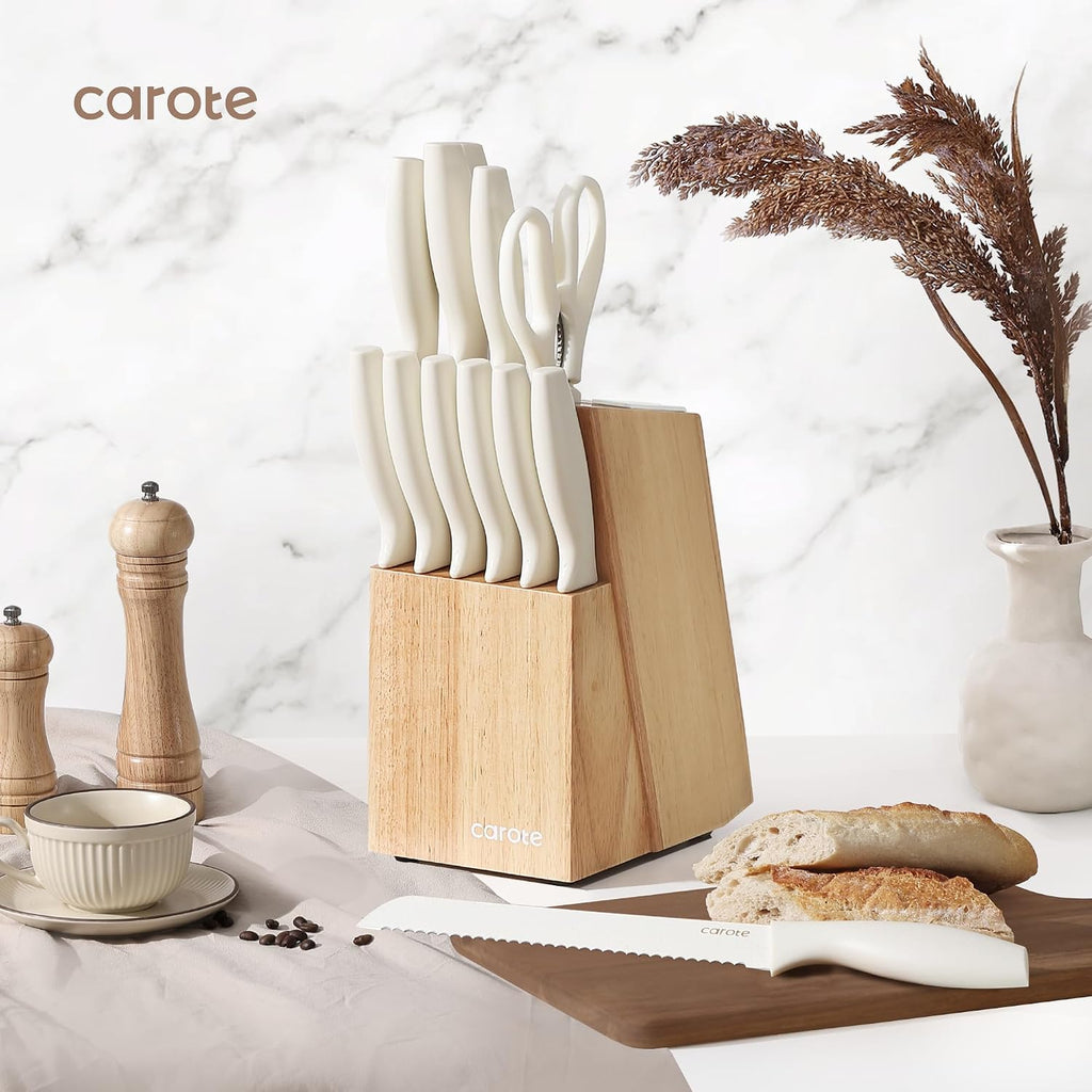 15-Piece Knife Set, Wood Block with Built-In Sharpener, Cream | Stainless Steel Knives, Ceramic Nonstick Coating