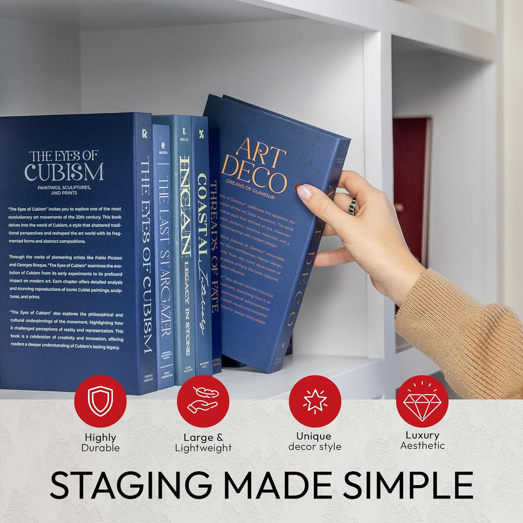 Decorative Books | Blue 10 Book Set with 3 Sizes | Preassembled with Hidden Storage | Perfectly Stackable for Easy