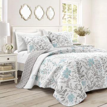 Aprile Reversible Floral Quilt 3 Piece Set, Blue & Gray - Bedding Set - Floral Quilt - Cottage