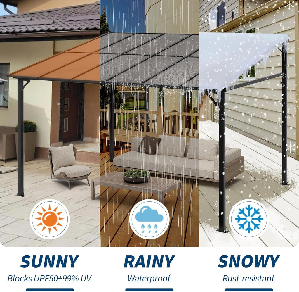 10x12ft Lean to Metal Pergola Gazebo with Hardtop Polycarbonate Roof, Wall Mounted Outdoor Pergolas for Patios
