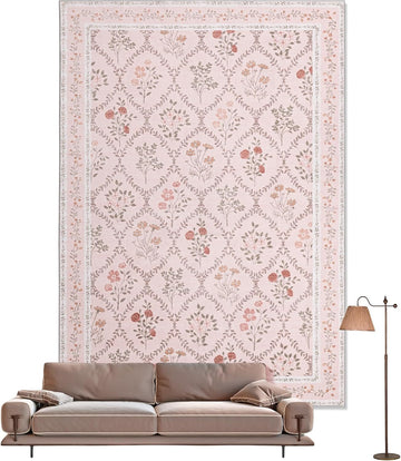 Pink Floral Rug for Bedroom Girls, Washable Area Rugs for Living Room Non Slip Ultra-Thin, Soft Throw Carpet for Nursery, Kids Playroom, Classroom, Home Office Decor