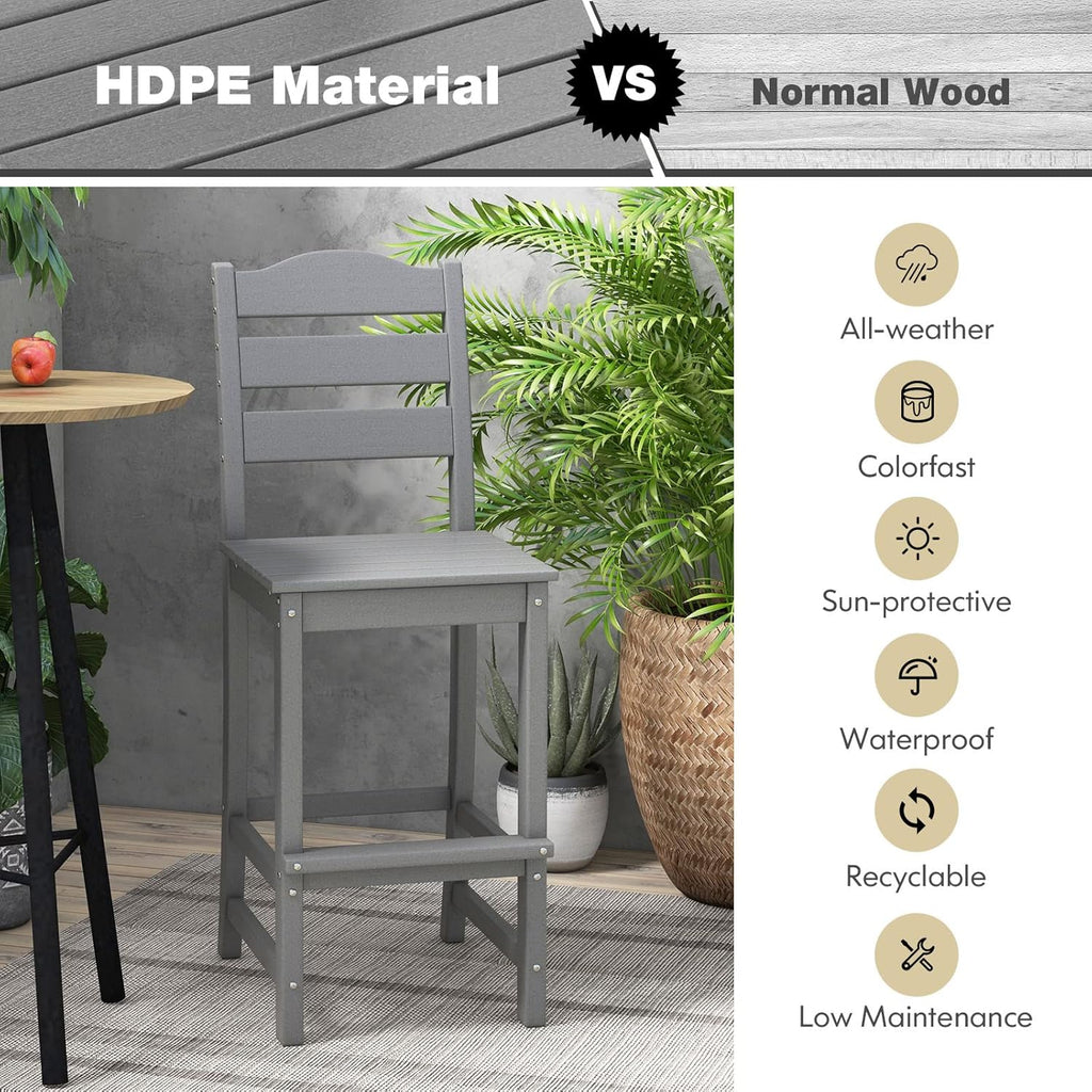 Outdoor HDPE Bar Stool, Patio Tall Bar Chair with Backrest and Footrest, 30 Inches Counter Height Barstools, Weather
