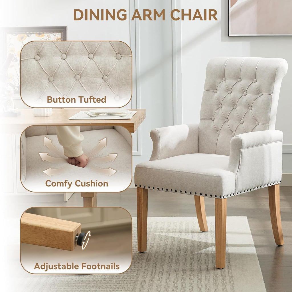 Fabric Dining Chair with Arms, Upholstered Tufted High Back Dining Room Chairs, Accent Armchair with Solid Wood Leg