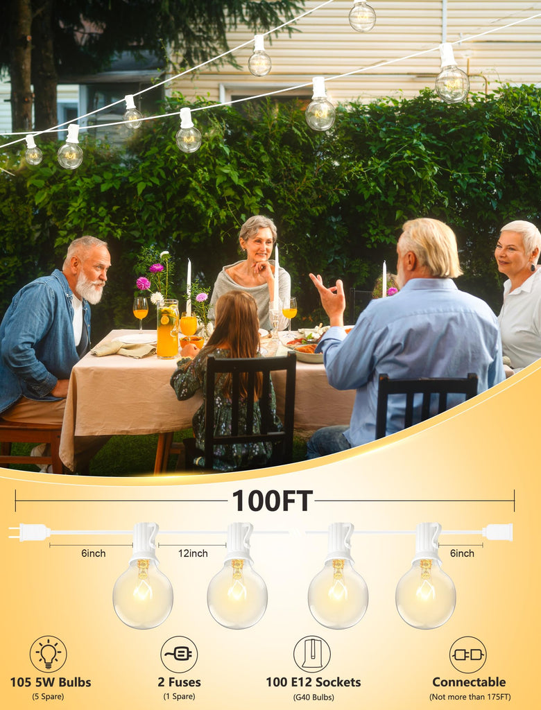 100Ft Patio String Lights, G40 Outdoor String Lights with 105 Clear Globe Edison Bulbs(5 Spare), 5 Watt Globe Bulb