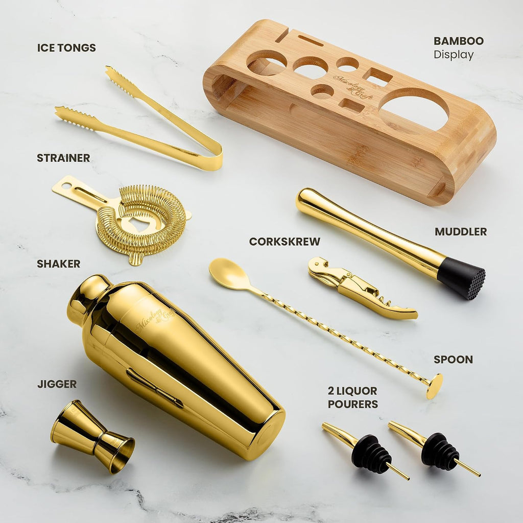 Cocktail Shaker Set with Bamboo Stand - Professional 10-Piece Bartender Kit, Complete Bar Set Use with Jigger