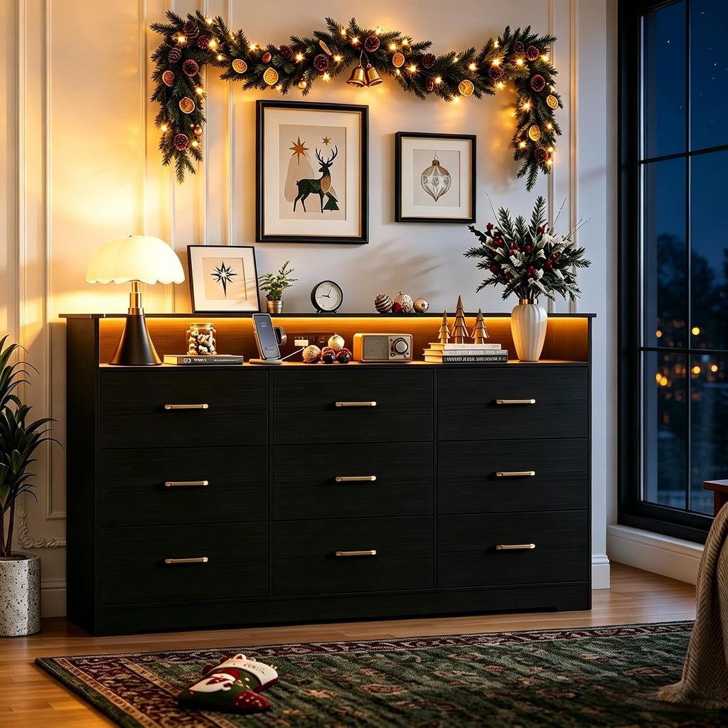 9 Drawer Dresser - 65" Wide Chest of Drawers with LED Light and Charging Station, Modern Large TV Stand Cabinet