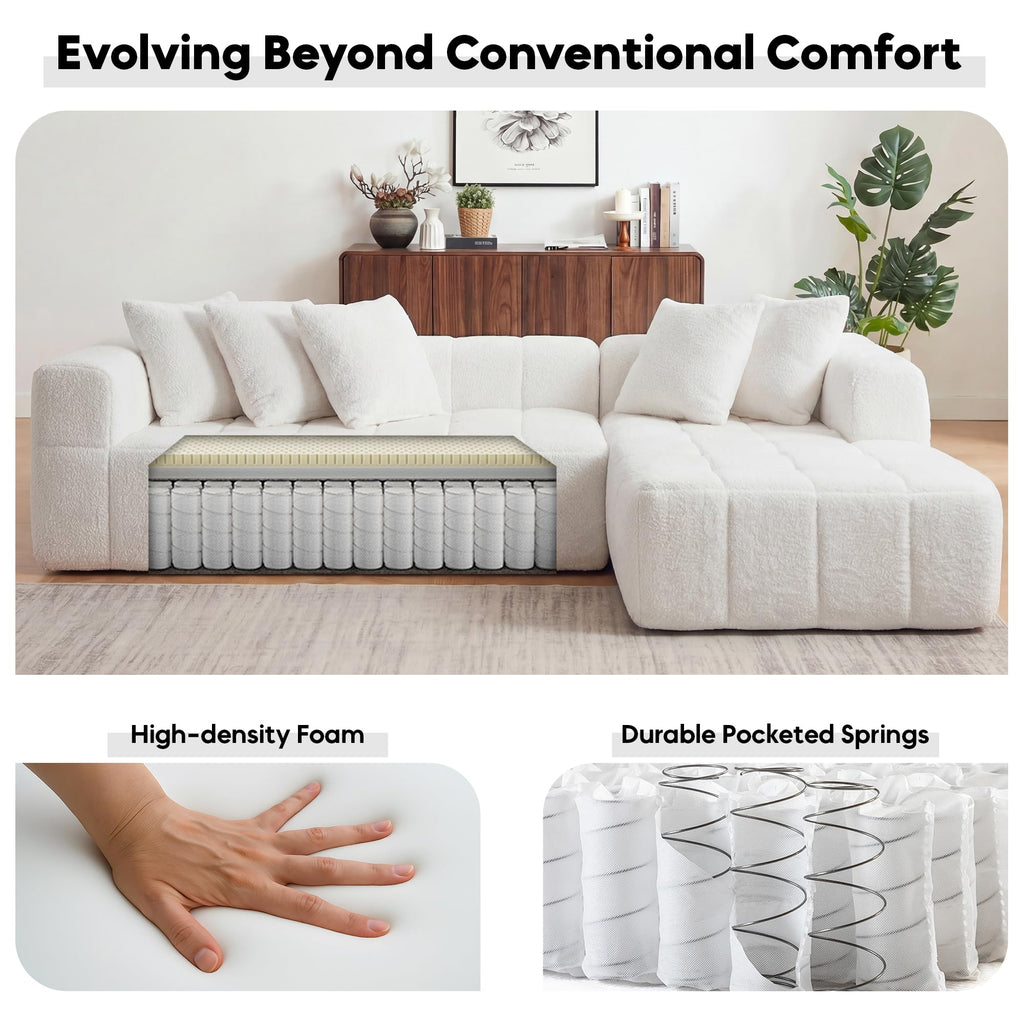 108" Tufted Boucle Cloud Boneless Sectional Sofa, Right Chaise, White
