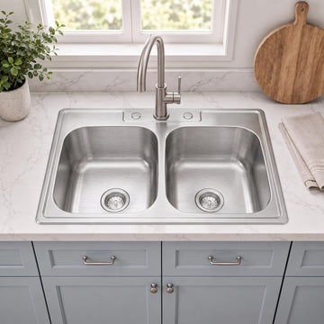 Double Bowl Kitchen Sink 33 x 22 Inch, Drop in 304 Stainless Steel Sinks, Top Mount 50/50 Double Sink Basin with