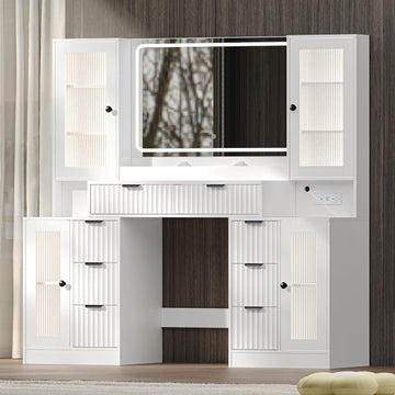 Fluted Makeup Vanity Desk with Mirror and Lights, 55" Glass Top Vanity with 8 Drawers & 4 RGB Glass Cabinets