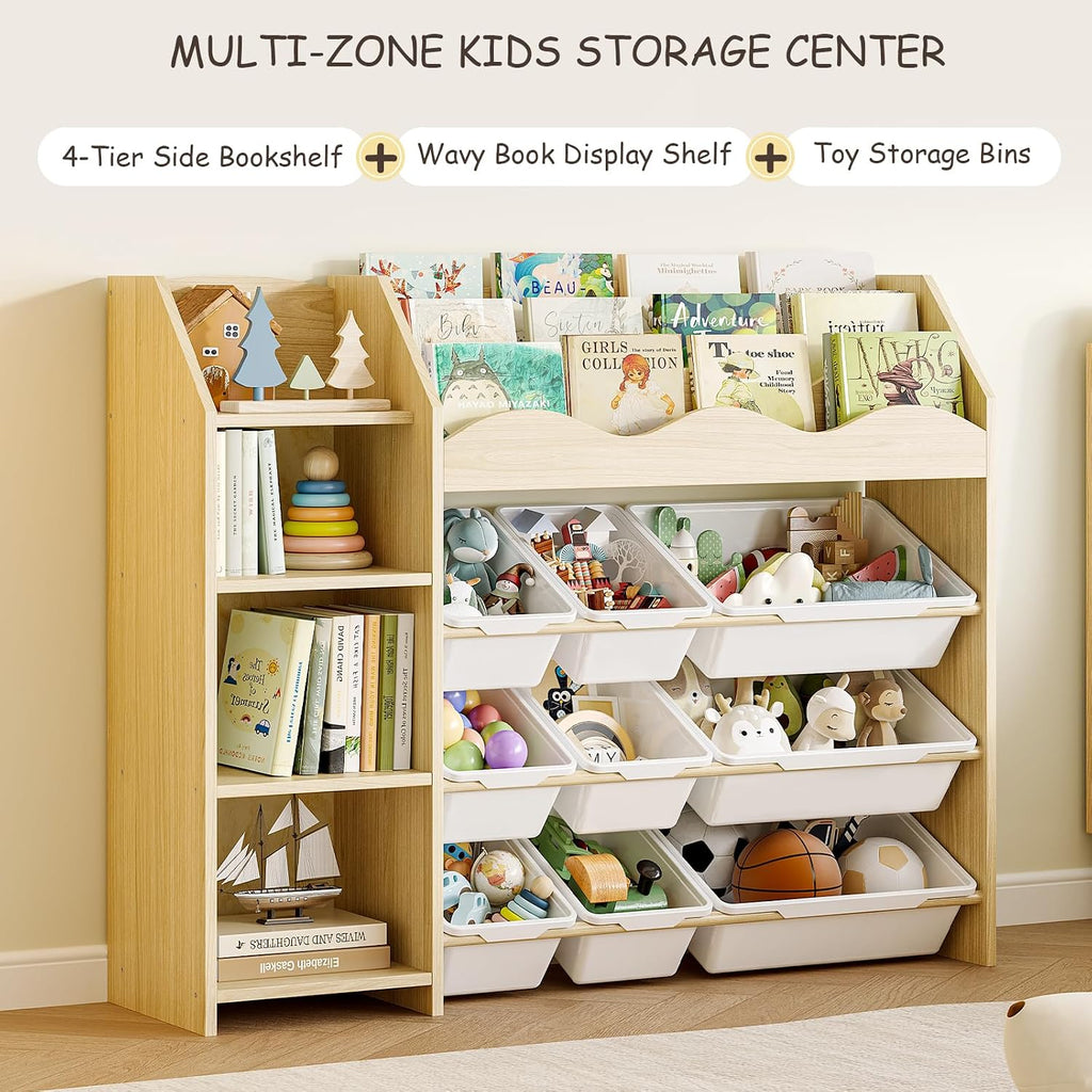 Toy Storage Organizer, Scalloped Bookshelf, 4 Toy Shelves, 9 Bins | Scalloped top book display, 4-tier side shelves