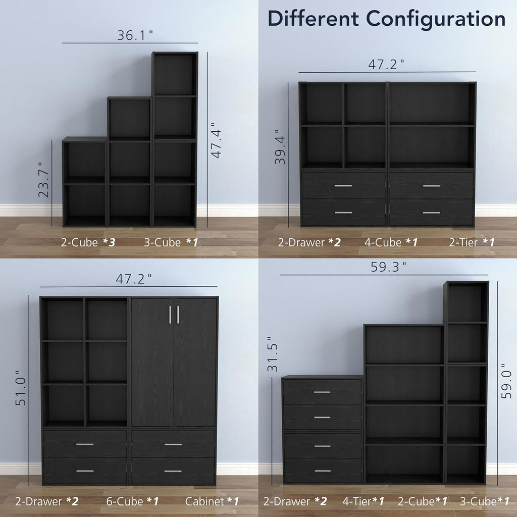 3-Tier Stackable Wood Bookcase with Doors, Cube Storage Organizer Shelves, Small Food Pantry Cabinet