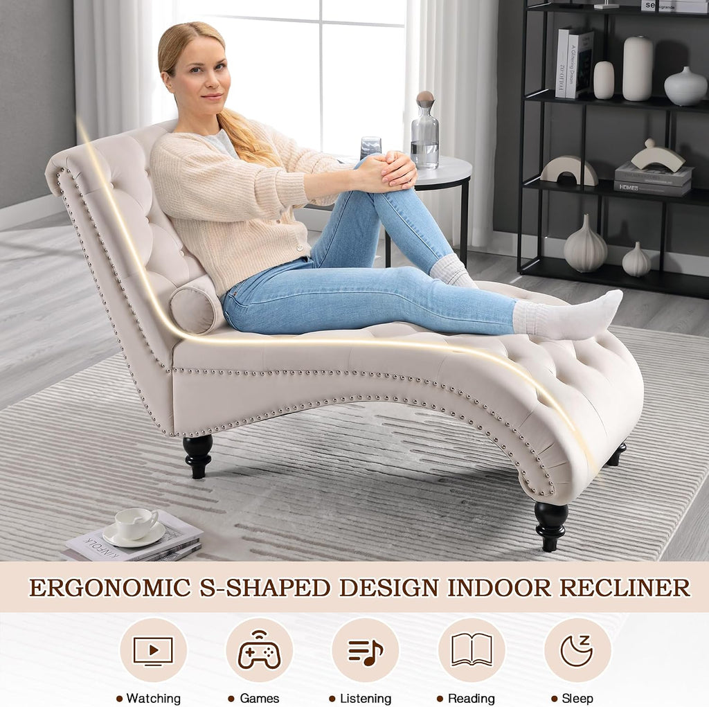 Chaise Lounge Chair Indoor, Modern Velvet Upholstered Sofa with Solid Wooden Leg and Lumbar Pillow, Button Tufted