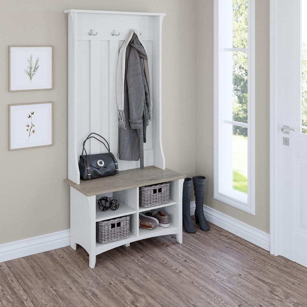 Salinas Hall Tree with Shoe Storage Bench in Shiplap Gray and Pure White, Multi-Purpose Home Organizer, Entryway