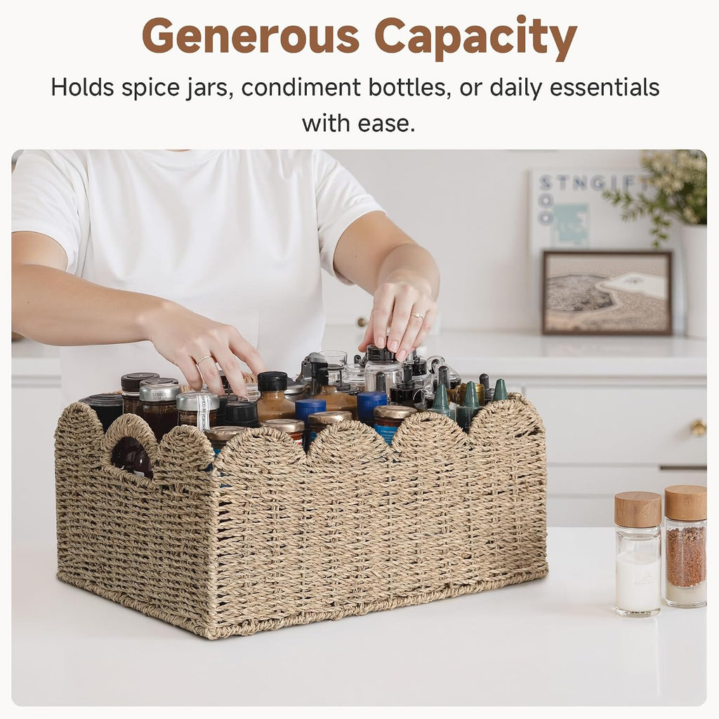 Scalloped Seagrass Baskets, Hand-woven Rattan Baskets with Built-in Handles, Cute Baby Basket , Basket for Organizing