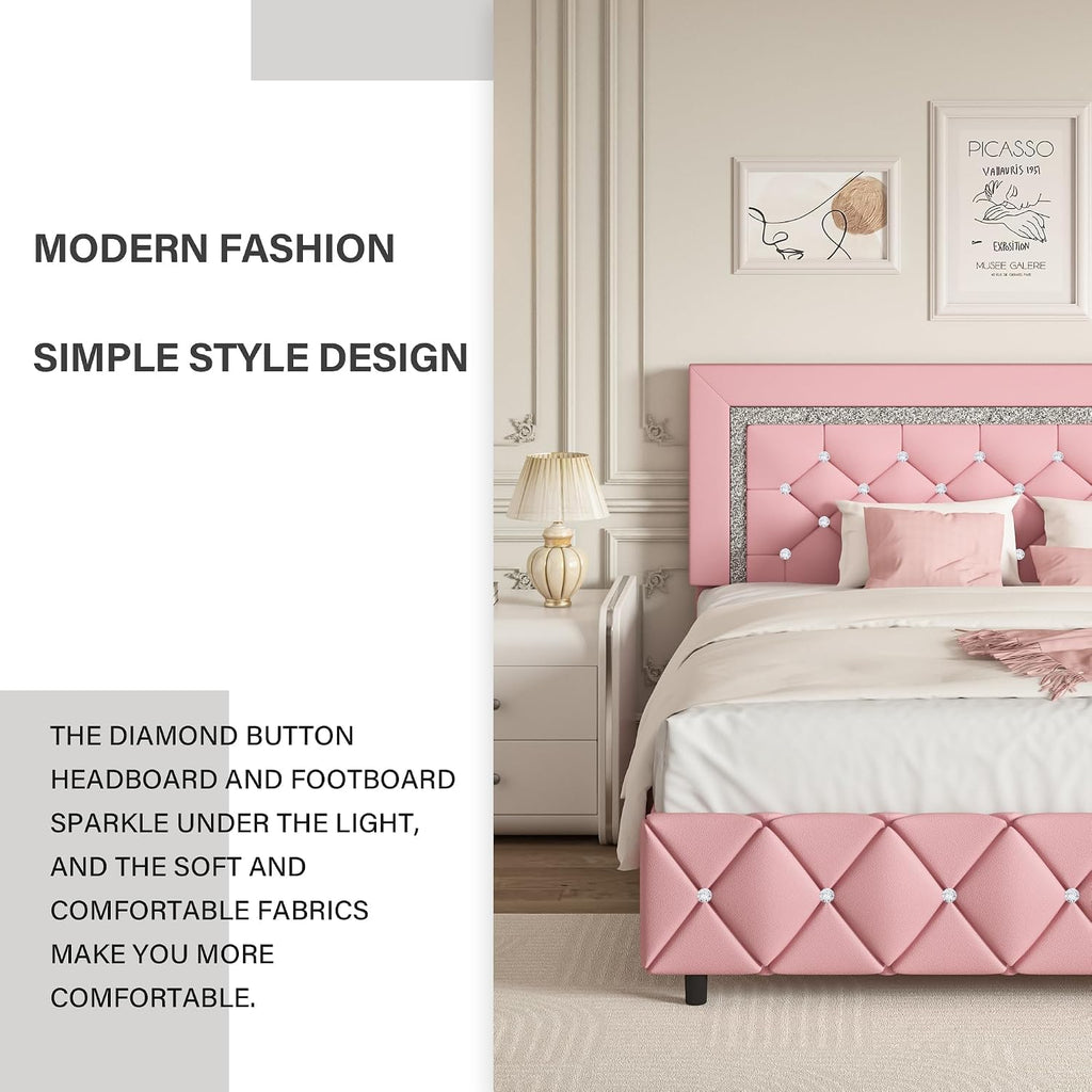 Twin Bed Frame with Headboard, Princess Twin Bed Frames for Kids | Faux Leather Upholstered Bed with Diamond Tufted