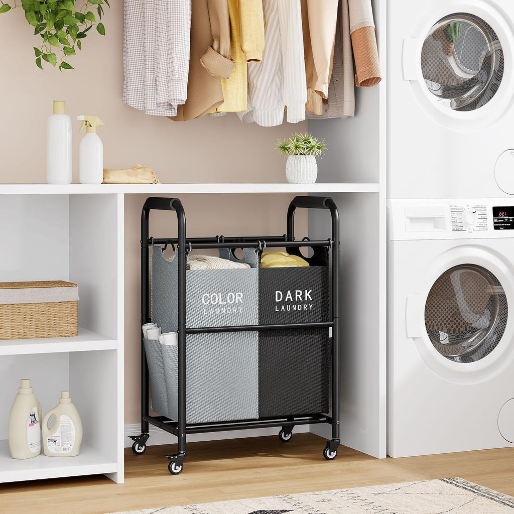 2 Bag Laundry Sorter Cart, Black & Grey | 50lbs Large Capacity, Removable Laundry Bags, Heavy Duty Lockable Rolling