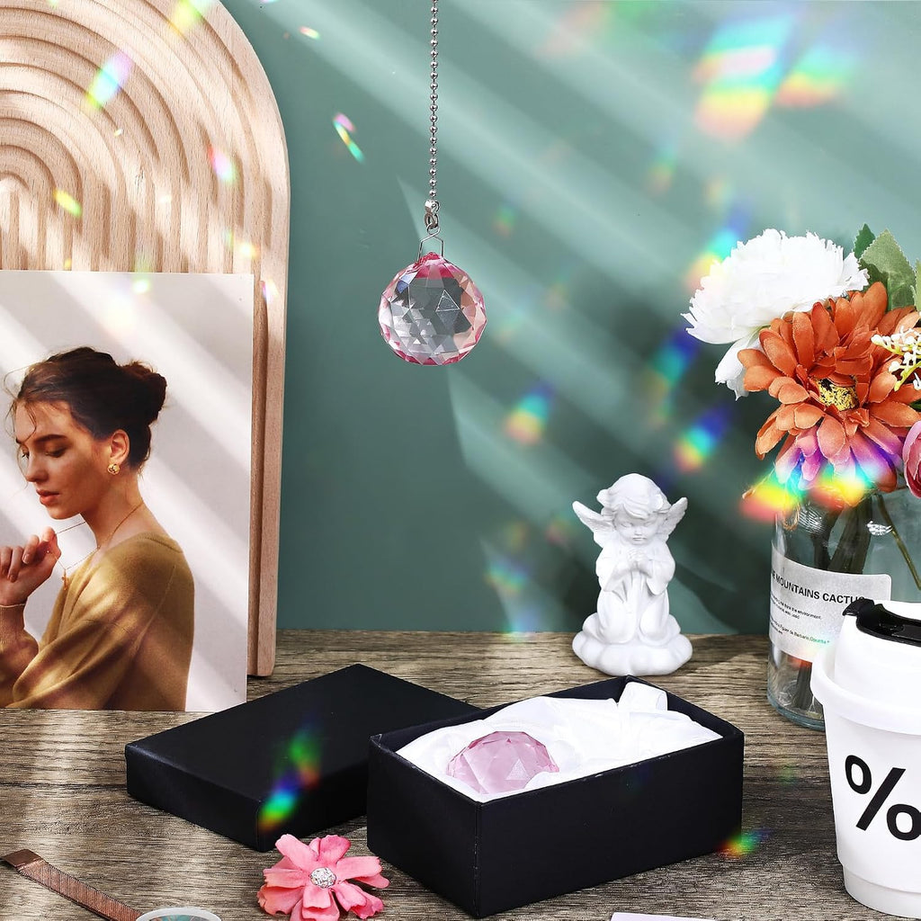 2 Pcs Crystal Prism Ball 40 mm Suncatcher with Chain Hanging Rainbow Pendants Prism for Windows Gift Feng Shui(Pink)