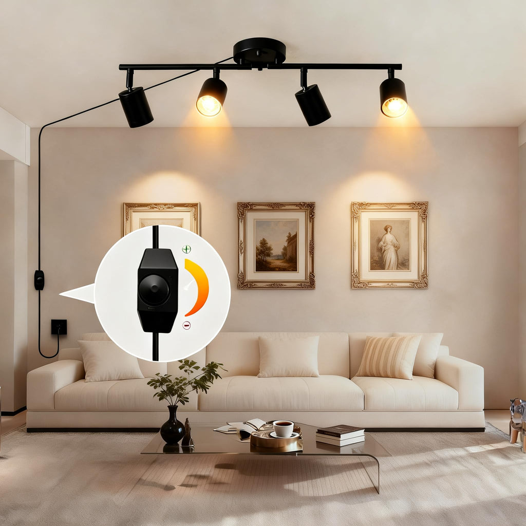 (Bulbs Included) Plug in Dimmable Track Lighting, 4 Way Ceiling SpotLight Kit Matte Black, 20ft Long Cord