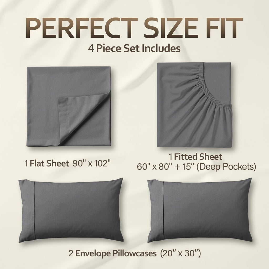 4 Piece Sheet Set, Extra Soft Cooling & Breathable Microfiber, Includes 1 Flat Sheet, 1 Fitted Sheet & 2