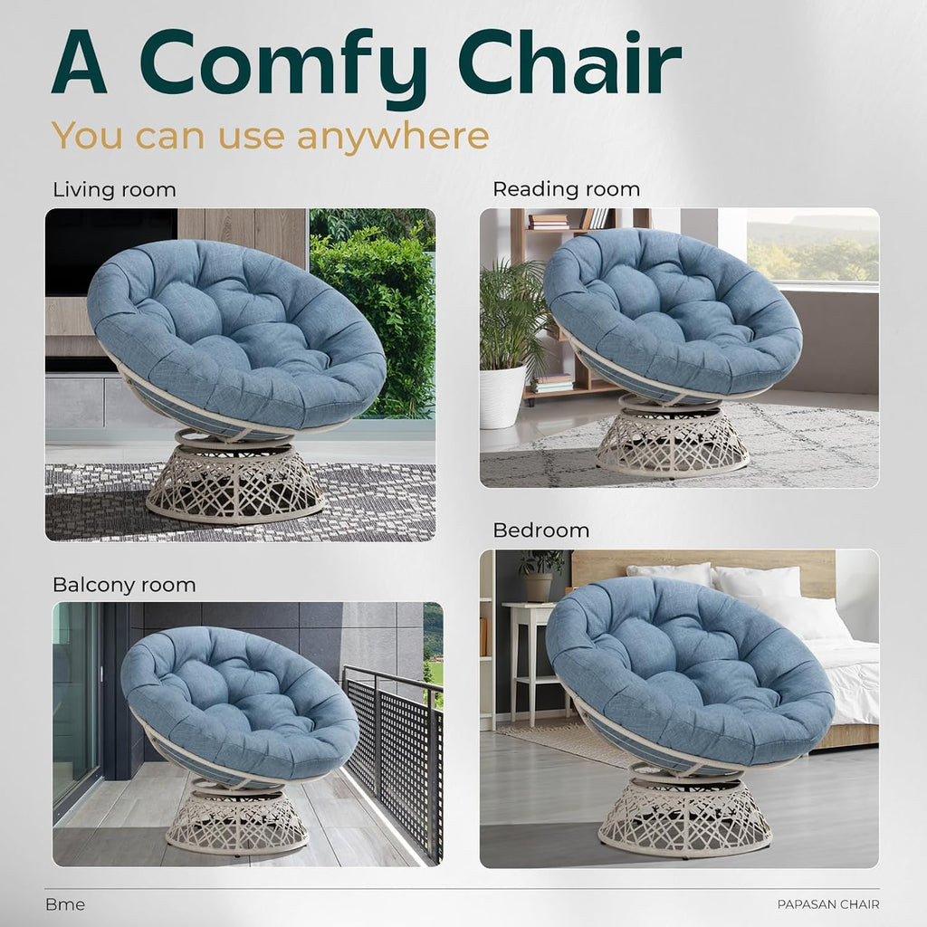 40" Ergonomic Wicker Papasan Chair with Soft Thick Density Fabric Cushion, High Capacity Steel Frame, 360 Degree