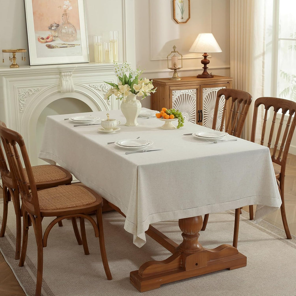Linen Blend Handmade Hemstitched Tablecloth for Dinner Table, Parties, Wedding Decorations (60" x 10