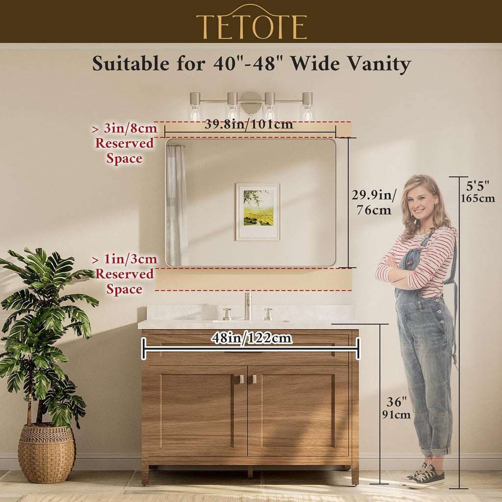 40 x 30 Inch Gold Bathroom Mirror, Brushed Brass Metal Frame Mirror for Vanity, Rectangle Wall Mounted Golden Modern