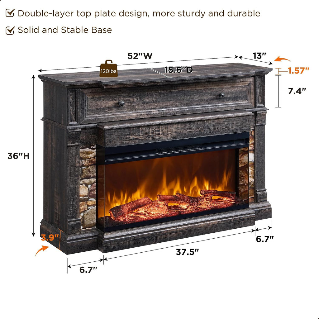 Electric Fireplace with Mantel, 3-Sided Glass Farmhouse TV Stand with Fireplace for TVs up to 65", 52" Media
