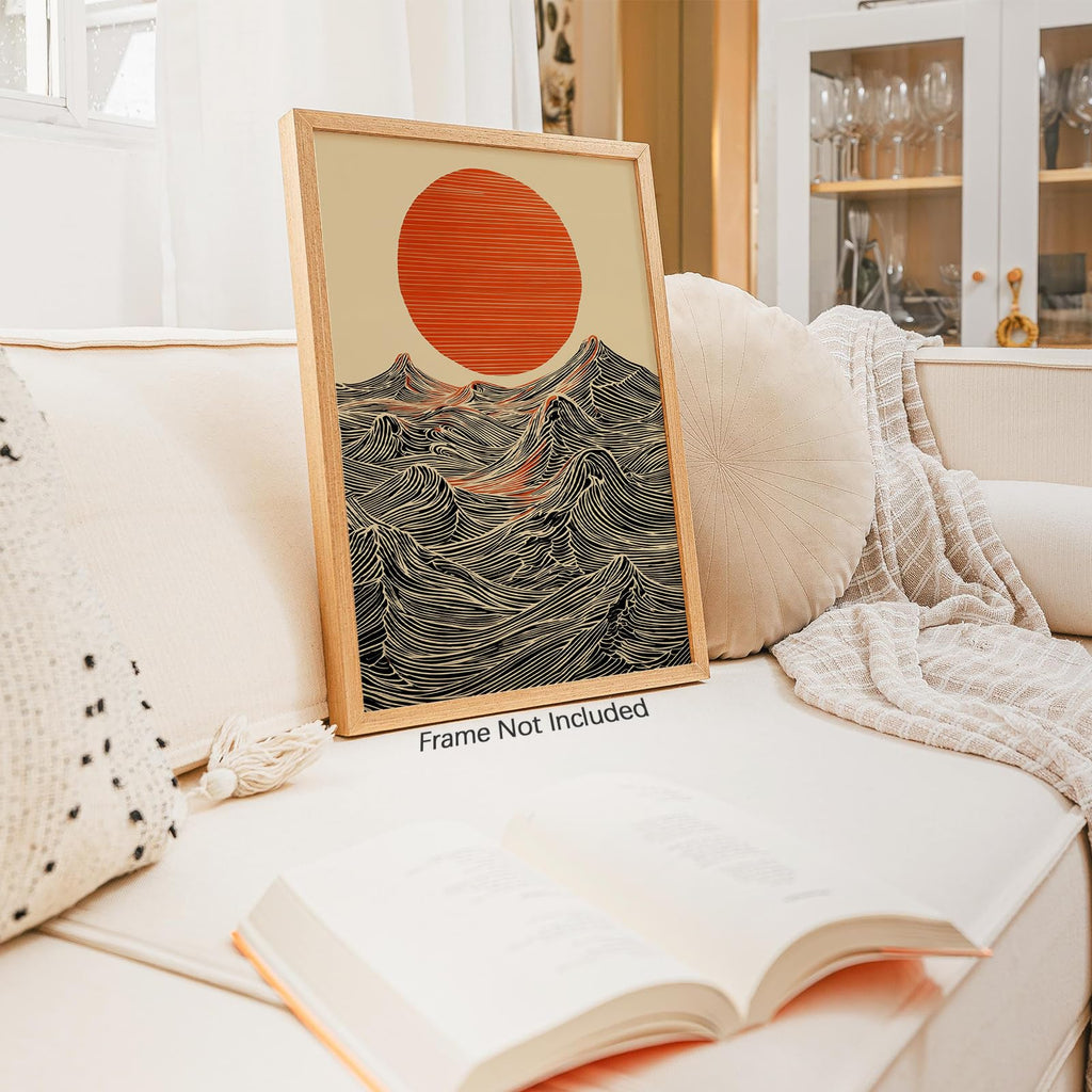 Abstract Japanese Canvas Wall Art Modern Sun And Waves Posters Minimalist Ocean Print Traditional Oriental Asia