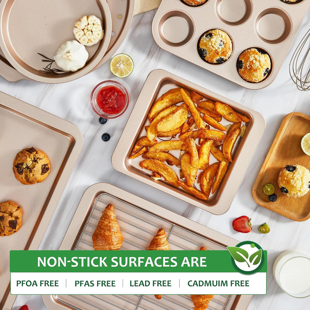 Bakeware Sets, Pans Set, Nonstick Oven Pan with Wider Grips, 10-Piece Including Rack, Cookie Sheet, Cake Pans, Loaf