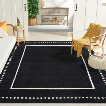 Area Rug - Bella Collection - Large - Black & Ivory, Handmade Wool, Dotted Border Design, Ideal, Dining Space