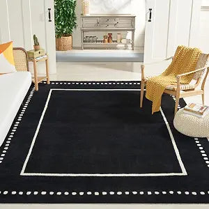 Area Rug 8x10 - Bella Collection - Large - Black & Ivory, Handmade Wool, Dotted Border Design, Ideal, Dining Space