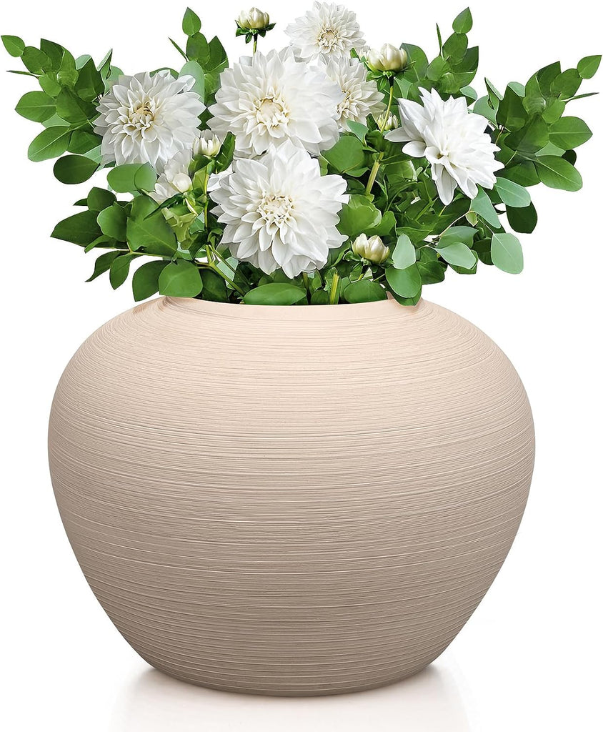 Ceramic Flower Vase Round Textured Vase,Farmhouse Vase(6" Tall, 7.7" Width) | Wide Round Terracotta Rustic Vases