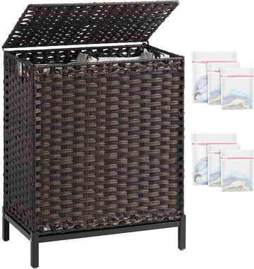 Laundry Hamper with Lid, 29.6 Gal 2-Bag Clothes Sorter, Brown | 112L 2-Section PE Rattan Hamper with Lid, Metal