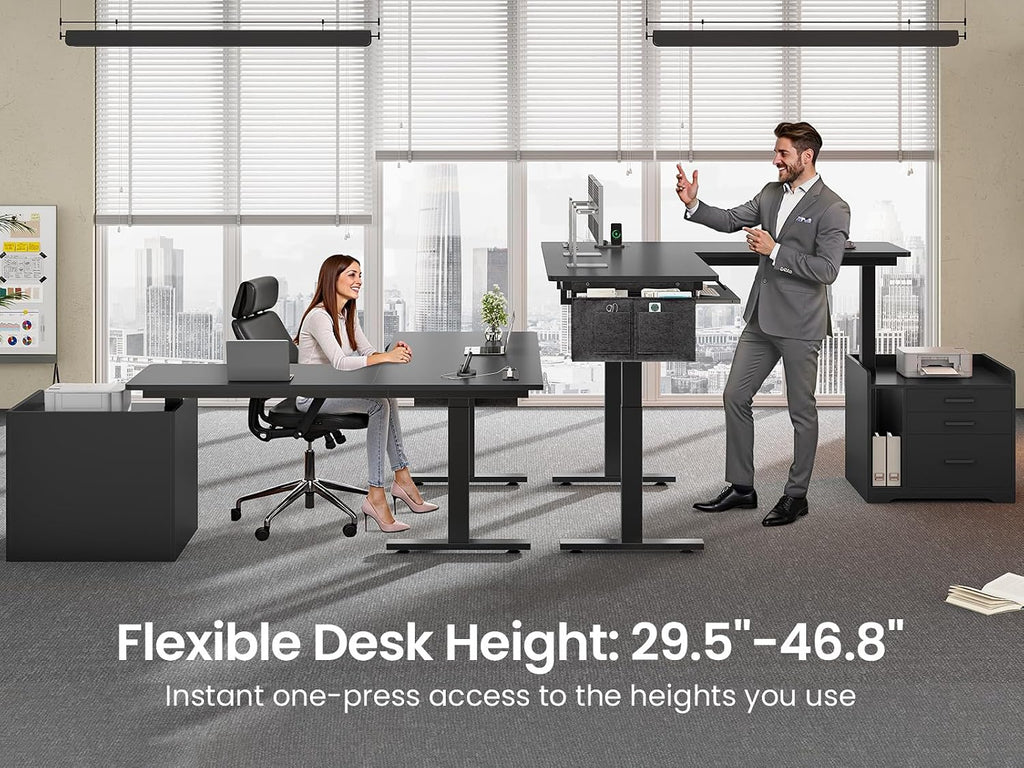 L Shaped Standing Desk with File Cabinet, 3 Drawers, Power Outlet