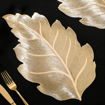 Gold Vinyl Placemats Set of 6, Washable Leaf Patterned Table Mats