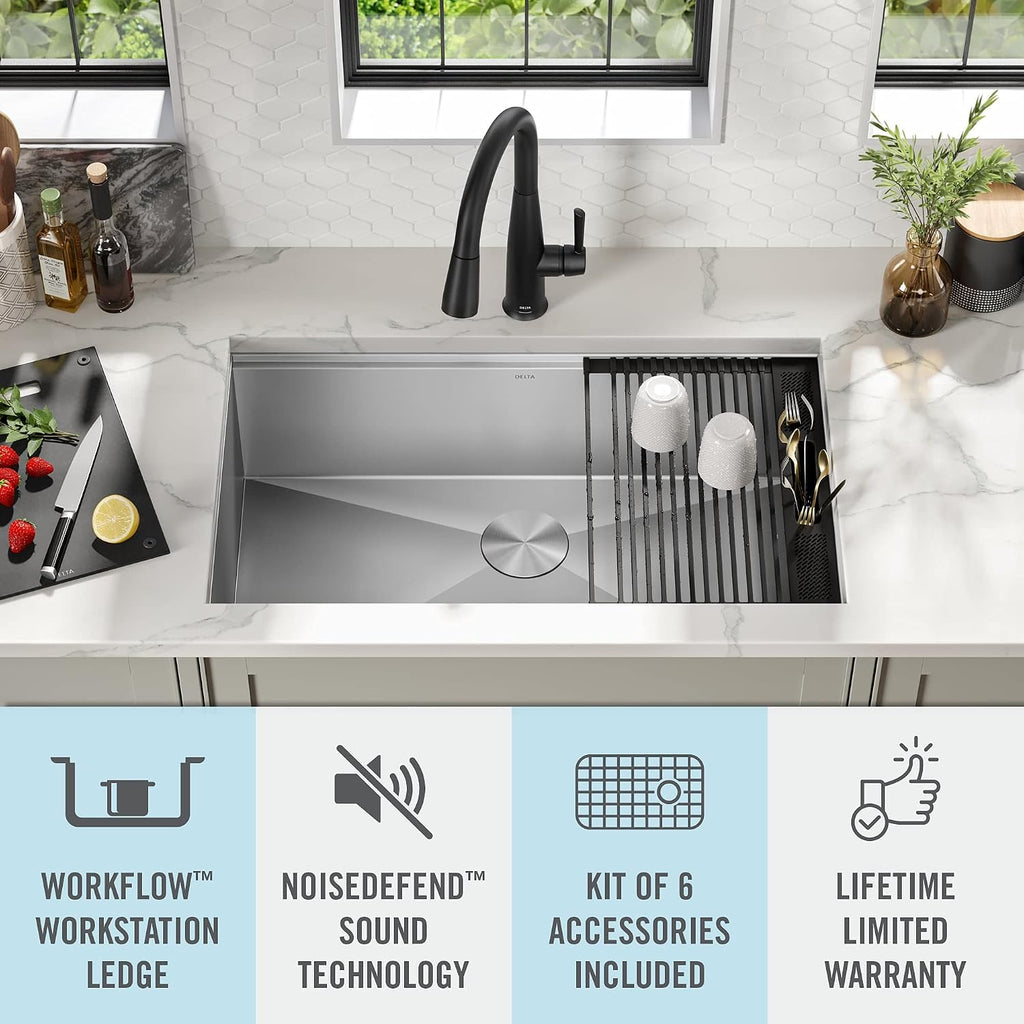 FAUCET Rivet 32-Inch Workstation Kitchen Sink Undermount 16 Gauge Stainless Steel Single Bowl with WorkFlow Ledge and