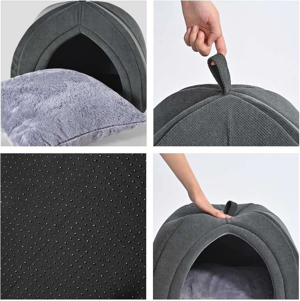 Cat Cave Bed, 2-in-1 Foldable House for Indoor Cats, with Washable Cushion and Non-Slip Base, 15 x 15 Inches, Small